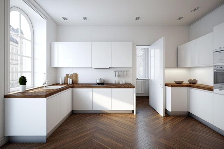 minimalist modern white kitchen with wooden floor natural light interior design ai generative
