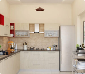 Contemporary laminate finish modular kitchen in Chennai with black cabinetry and clean-lined design