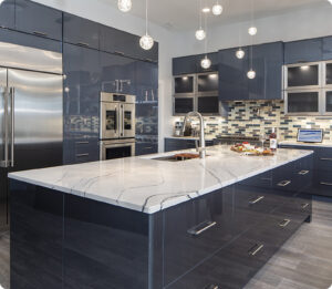 Contemporary acrylic modular kitchen with island countertop and luxury cabinet finish