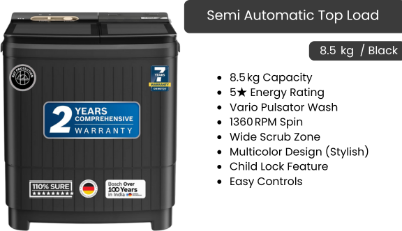 Semi Automatic Top Load- 8.5  kg Black