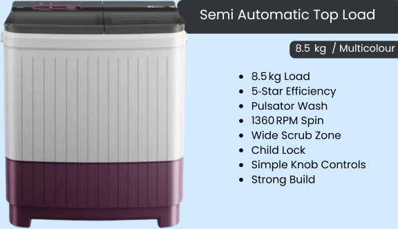 Semi Automatic Top Load- 8.5  kg Multicolour