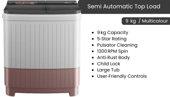 Semi Automatic Top Load- 9  kg Multicolour