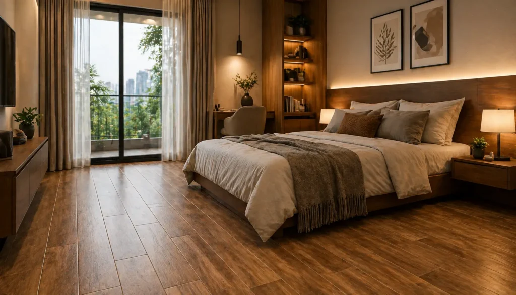 Difference between Wooden Flooring vs Tiles shown through wood finish tiles in a modern Indian bedroom with cozy lighting