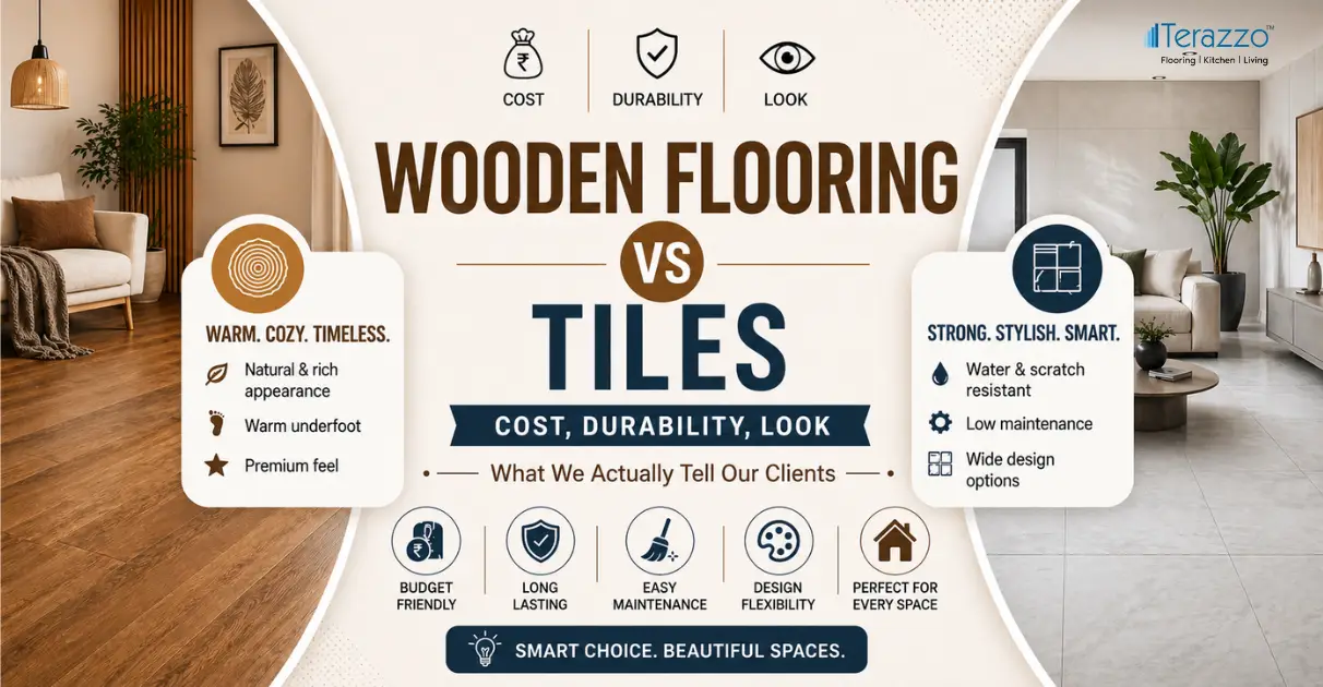 Difference between Wooden Flooring vs Tiles showing cost, durability, and look comparison with modern home interiors