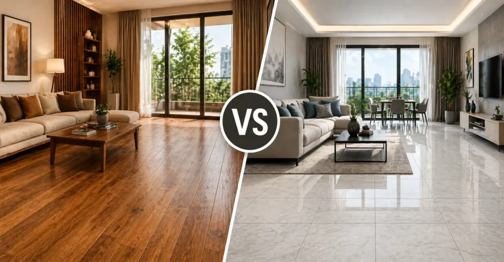 Wooden flooring vs tiles comparison in modern home interior with split view