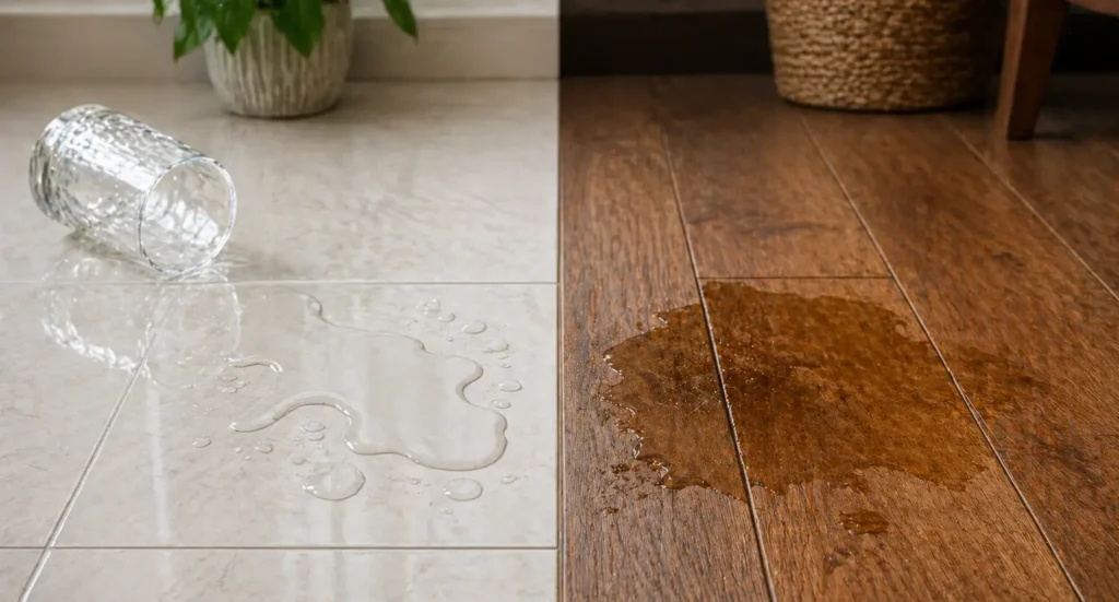 Difference between Wooden Flooring vs Tiles showing close-up texture comparison of wooden planks and ceramic tiles in Indian home
