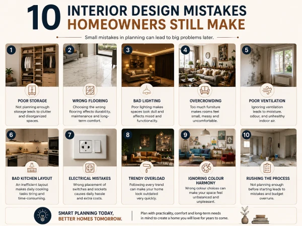 Infographic showing 10 common interior design mistakes homeowners still make in modern homes