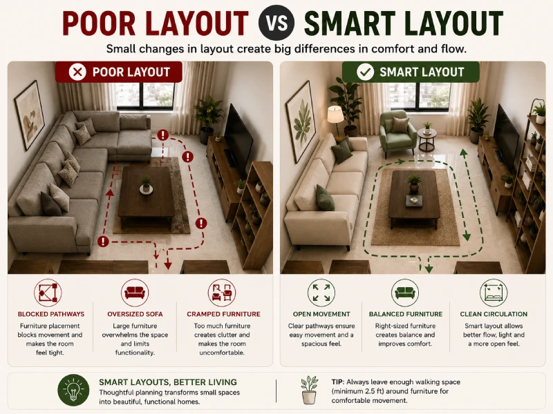 Comparison of poor room layout and smart interior layout showing furniture spacing and movement flow