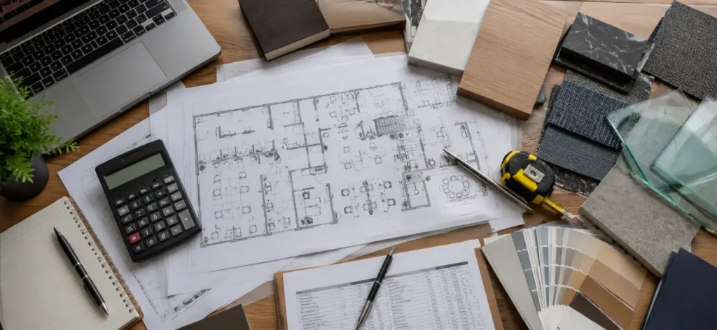 Office Interior Design Cost in India 2 Office Interior Design Cost in India planning with architectural blueprints, office floor plans, material samples, calculator, color swatches, and construction budget estimation for commercial interiors.