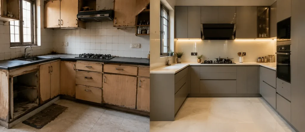 Modular Kitchen Vs Normal Kitchen: Cost, Design and Maintenance 5 Modular Kitchen durability comparison showing a well-maintained modern kitchen beside an aging traditional carpenter-built kitchen after several years of use.