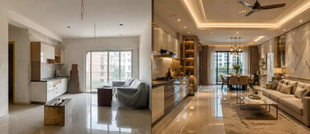 Home interior cost comparison between budget and premium modern Indian home interiors with modular kitchen and luxury living room designs.