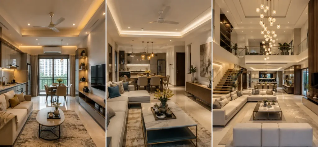 Home interior cost comparison of modern 2BHK, 3BHK, and luxury villa interiors with stylish modular designs and premium finishes.