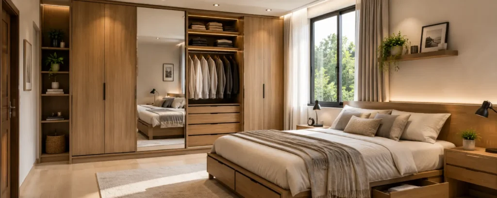 10 Wardrobe Storage Ideas for Small Bedrooms 5 Wardrobe Storage Ideas for Small Bedrooms with a floor-to-ceiling wardrobe, mirrored shutter, and under-bed storage in a modern bedroom