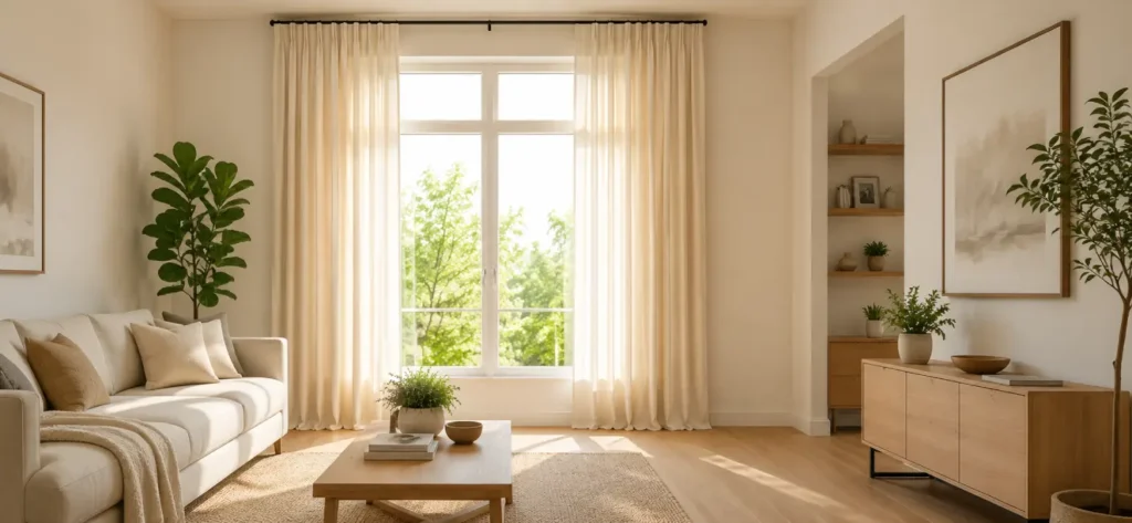 Bright modern living room featuring light cream floor-length curtains for small rooms, large windows, natural sunlight, neutral furniture, and minimalist décor that creates a spacious and airy interior.