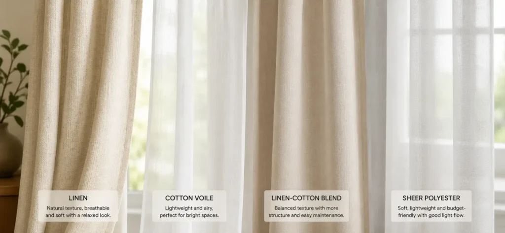 Comparison of lightweight fabrics for curtains for small rooms, including linen, cotton voile, linen-cotton blend, and sheer polyester in soft neutral colours with detailed fabric textures.