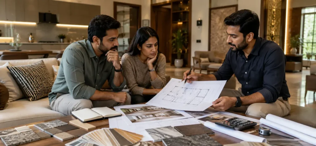 Home interior cost consultation with an interior designer discussing renovation plans, material samples, and budget estimates for a modern home.
