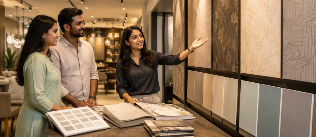 Wallpaper vs Paint: Which Is Better for Indian Homes? 5 Wallpaper vs Paint consultation with an Indian interior designer helping homeowners choose premium wall finishes in a modern showroom.