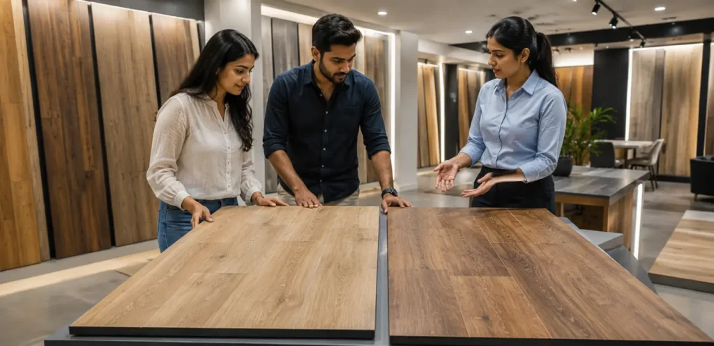 Indian couple comparing PVC flooring vs vinyl flooring samples in a modern premium flooring showroom.