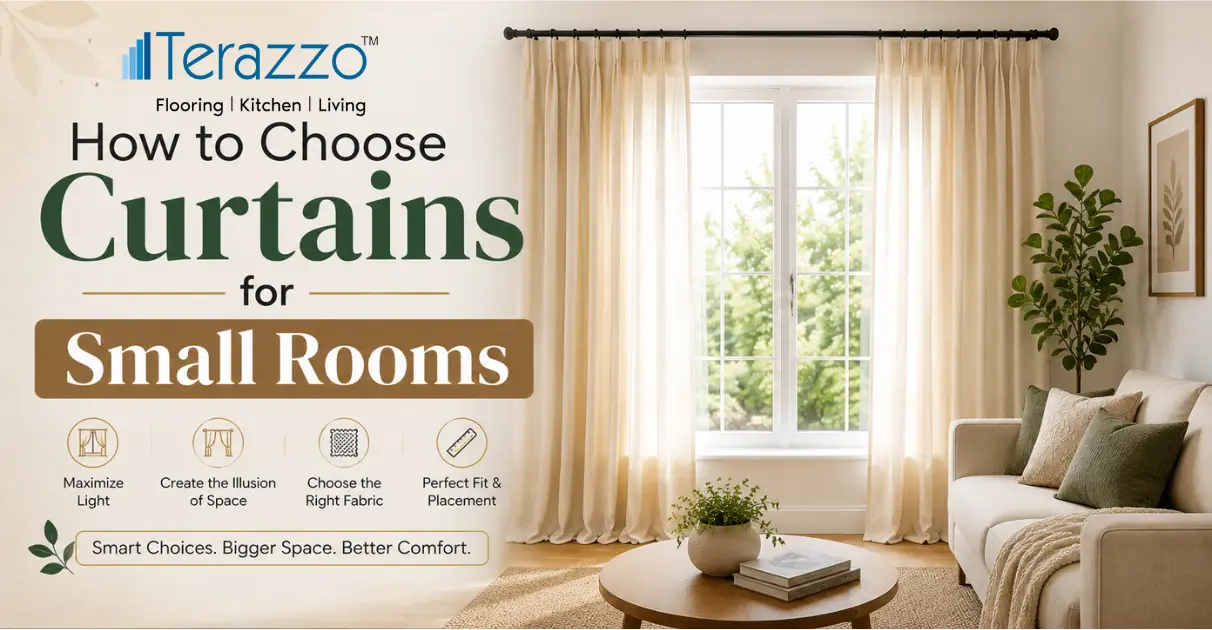 Blog banner for How to Choose Curtains for Small Rooms featuring elegant cream curtains, spacious modern living room, minimalist interior design, and natural daylight.