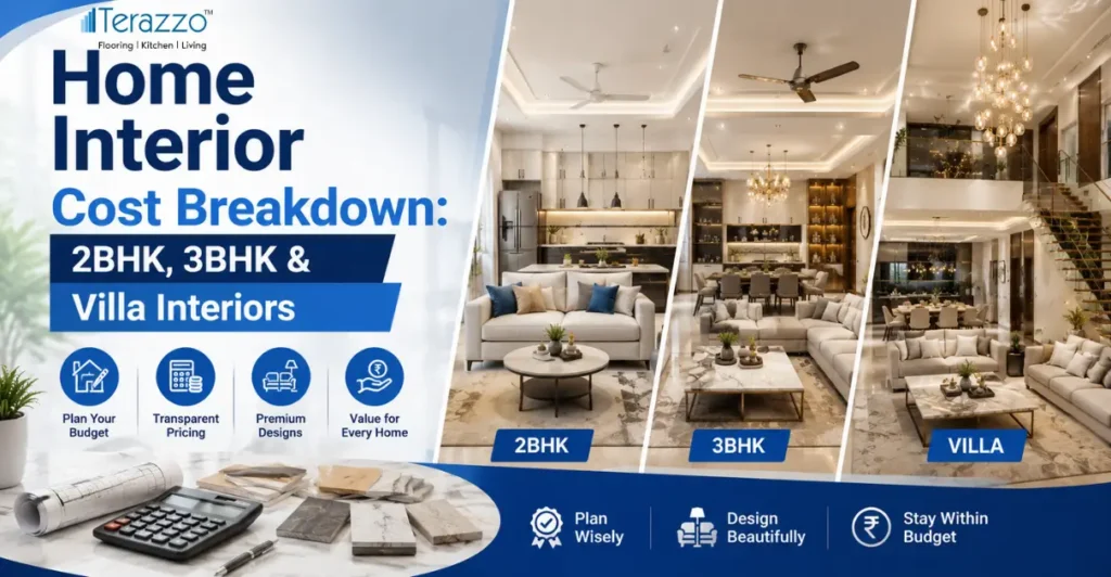 Home interior cost guide showing modern 2BHK, 3BHK, and villa interior design ideas with premium finishes and budget planning.