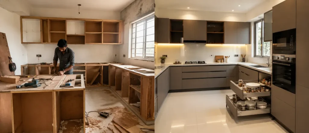 Modular Kitchen Vs Normal Kitchen: Cost, Design and Maintenance 2 Modular Kitchen vs traditional carpenter-built kitchen comparison showing factory-finished cabinets, on-site construction, and modern storage solutions.