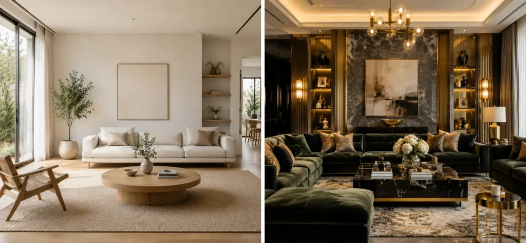 Minimal Interior Design vs Luxury Interior Design 3 Minimal Interior Design vs luxury interior design comparison showing a clean minimalist living room beside a premium luxury living space with marble and velvet finishes.