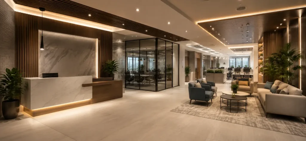 Office Interior Design Cost in India 3 Premium office reception and collaborative workspace showcasing Office Interior Design Cost in India with stylish furniture, glass meeting rooms, wooden wall panels, ergonomic seating, and modern commercial interiors.