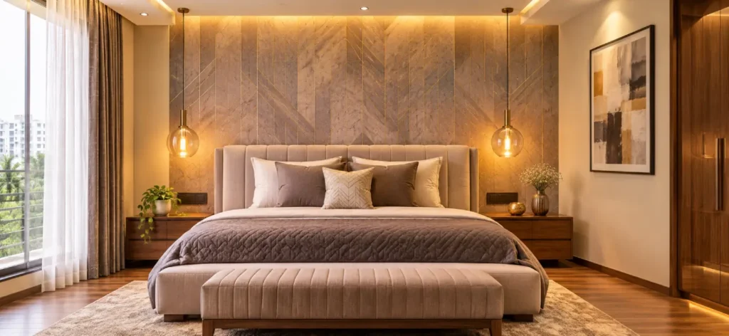 Wallpaper vs Paint: Which Is Better for Indian Homes? 4 Wallpaper vs Paint in a luxurious Indian bedroom with a textured wallpaper accent wall and neutral painted walls.
