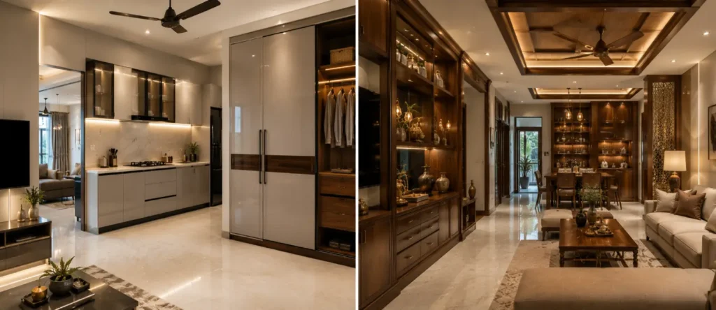 Home interior cost comparison of modular and custom home interiors featuring modern kitchen cabinets, wardrobes, and handcrafted wooden furniture.