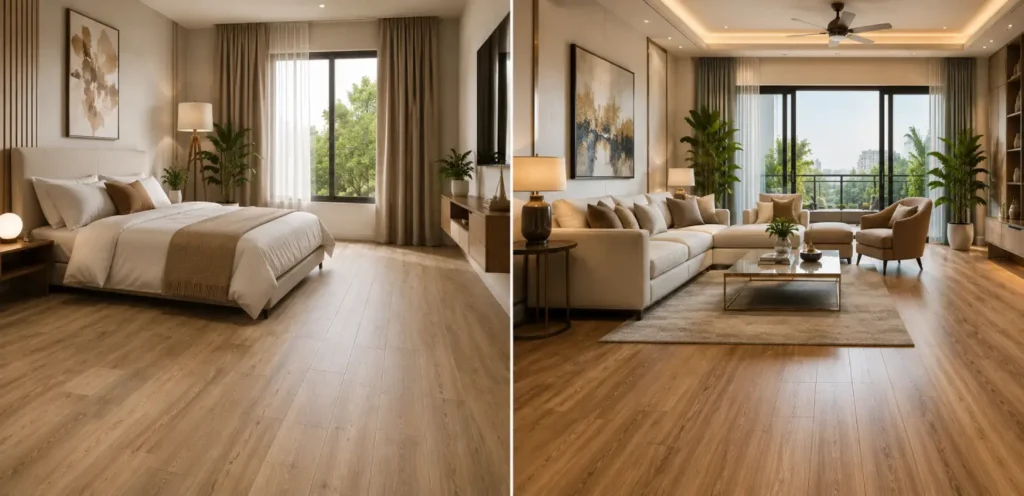 PVC flooring vs vinyl flooring showing affordable bedroom and premium living room flooring options.