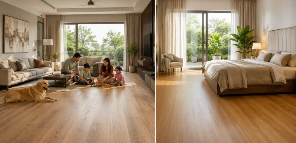 PVC flooring vs vinyl flooring comparison in a modern Indian home with living room and bedroom interiors.