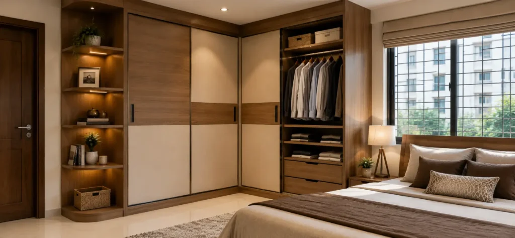 10 Wardrobe Storage Ideas for Small Bedrooms 4 Wardrobe Storage Ideas for Small Bedrooms using an elegant L-shaped corner wardrobe to maximize storage space