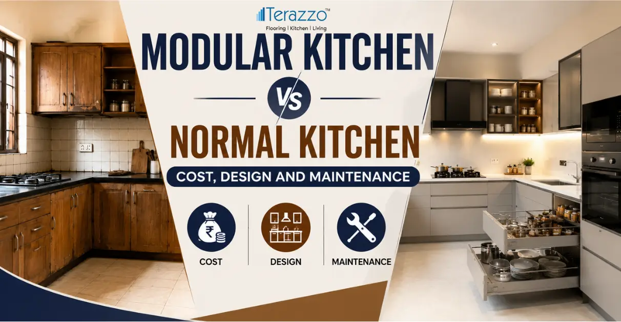 Modular Kitchen vs Normal Kitchen banner comparing cost, design, and maintenance with modern modular and traditional carpenter-built kitchen interiors.