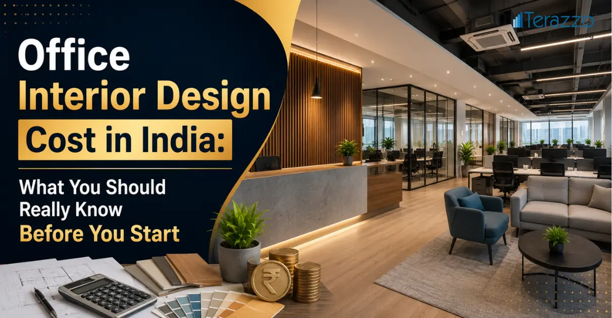Office Interior Design Cost in India blog banner featuring bold blue, white, and gold typography with the title "Office Interior Design Cost in India: What You Should Really Know Before You Start" on a modern professional background.