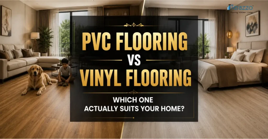 PVC flooring vs vinyl flooring comparison banner featuring modern living room and bedroom interiors for homeowners choosing the right flooring.