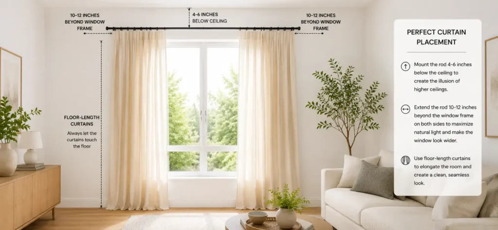 Correct installation of curtains for small rooms with floor-length linen curtains, curtain rod mounted near the ceiling, extended window frame coverage, and a bright modern interior design.