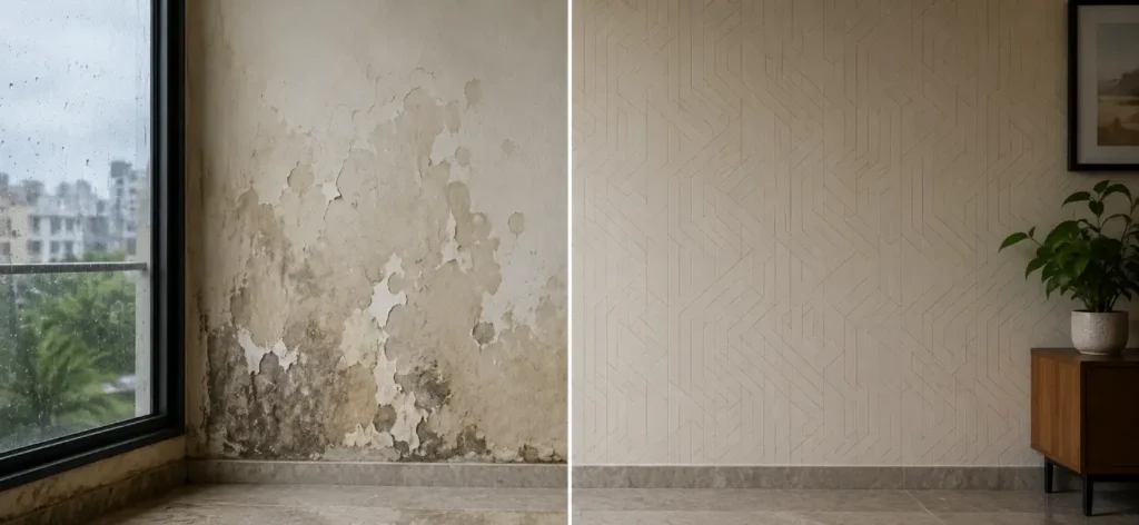 Wallpaper vs Paint: Which Is Better for Indian Homes? 3 Wallpaper vs Paint comparison showing damp painted walls versus moisture-resistant vinyl wallpaper in an Indian home.