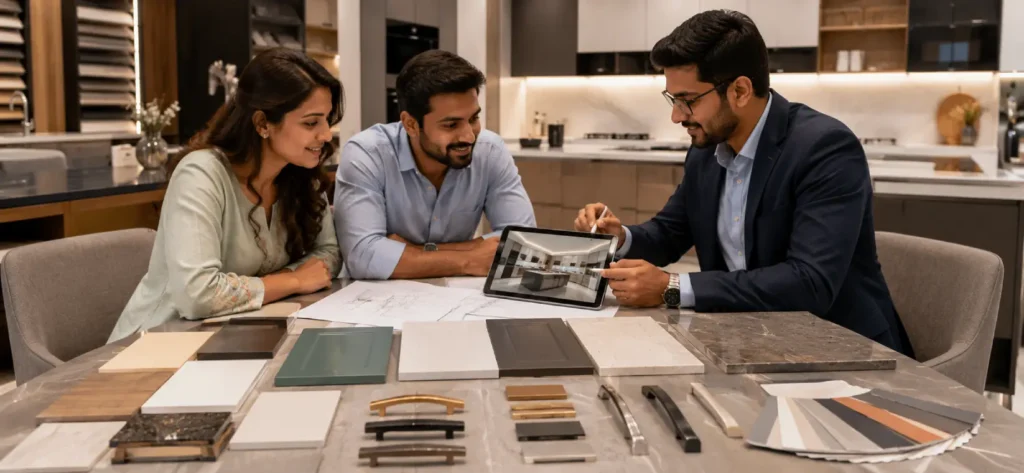 Modular Kitchen Vs Normal Kitchen: Cost, Design and Maintenance 3 Indian homeowners discussing a Modular Kitchen design with an interior designer using 3D layouts, material samples, and cost estimates in a modern showroom.
