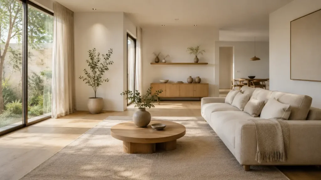 Minimal Interior Design vs Luxury Interior Design 2 Minimal Interior Design living room with warm neutral colors, oak flooring, beige sofa, natural light, indoor plants, and clean Scandinavian-inspired décor.