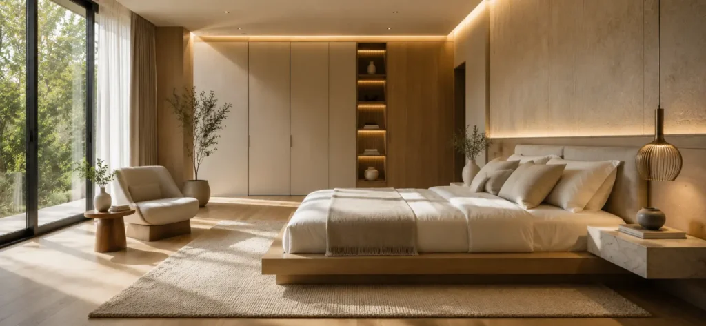 Minimal Interior Design vs Luxury Interior Design 4 Minimal Interior Design luxury bedroom featuring an oak platform bed, marble bedside table, warm lighting, textured walls, and elegant neutral interiors.