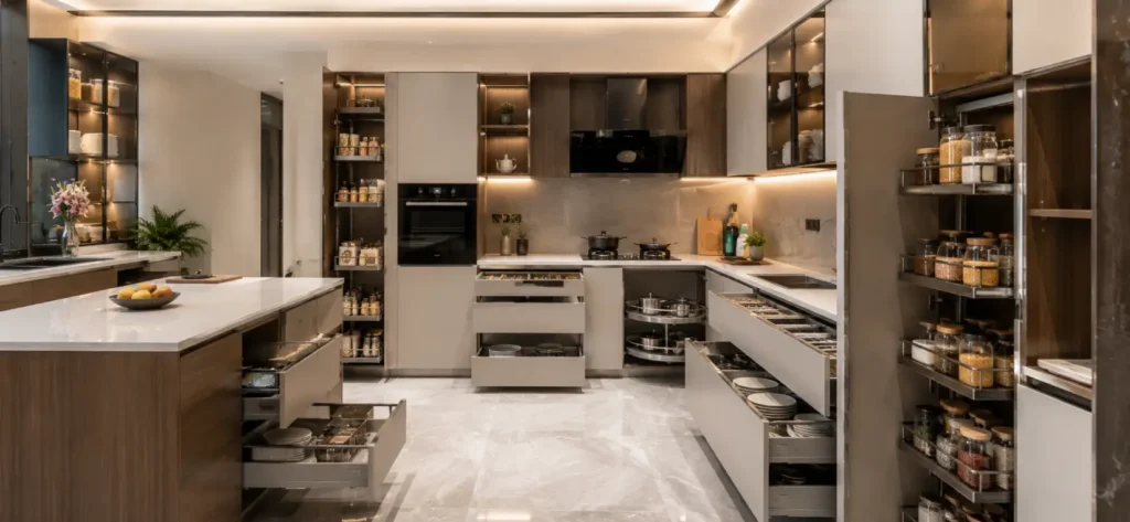 Modular Kitchen Vs Normal Kitchen: Cost, Design and Maintenance 4 Luxury Modular Kitchen featuring pull-out pantry units, tandem drawers, soft-close cabinets, quartz countertop, and smart storage solutions.
