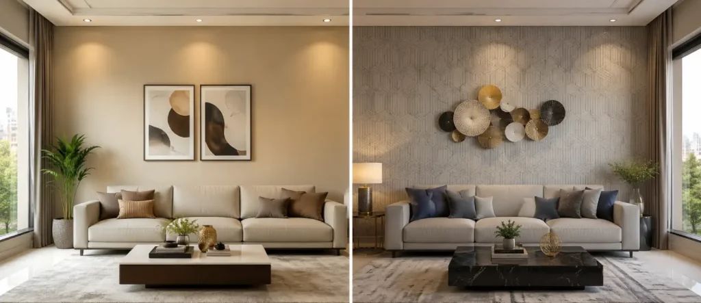 Wallpaper vs Paint: Which Is Better for Indian Homes? 2 Wallpaper vs Paint comparison in a modern Indian living room featuring elegant painted walls and premium textured wallpaper.