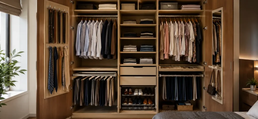 10 Wardrobe Storage Ideas for Small Bedrooms 3 Wardrobe Storage Ideas for Small Bedrooms featuring an organized wardrobe with pull-out trouser rack, modular shelves, and shoe storage