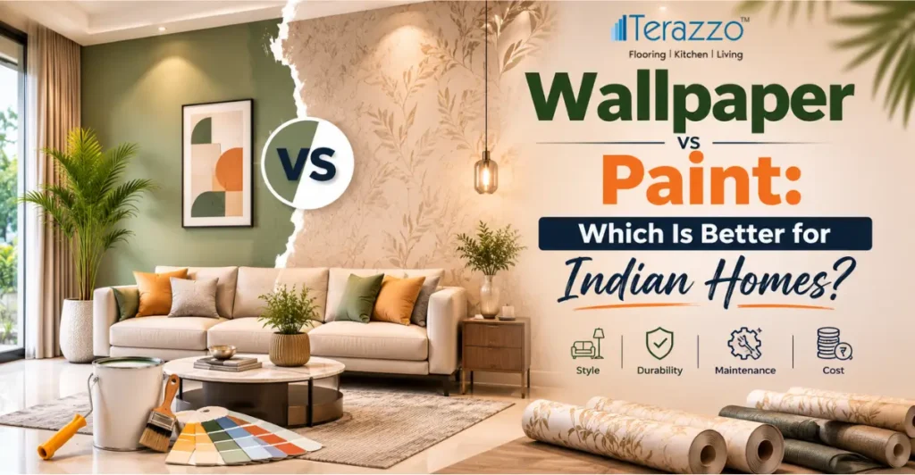 Wallpaper vs Paint: Which Is Better for Indian Homes? 1 Wallpaper vs Paint banner comparing premium wallpaper and painted walls in a modern Indian living room to help homeowners choose the best wall finish.