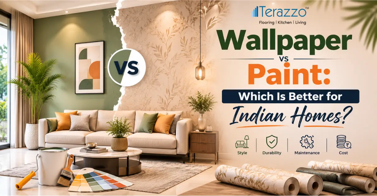 Wallpaper vs Paint banner comparing premium wallpaper and painted walls in a modern Indian living room to help homeowners choose the best wall finish.