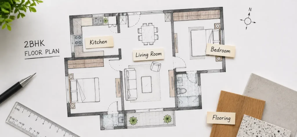 Home interior budget planning with 2BHK floor plan, kitchen, living room and bedroom layout