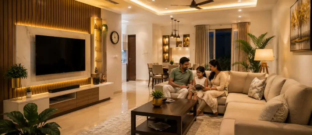 Home interior budget featuring modern Indian living room with family and warm ambient lighting