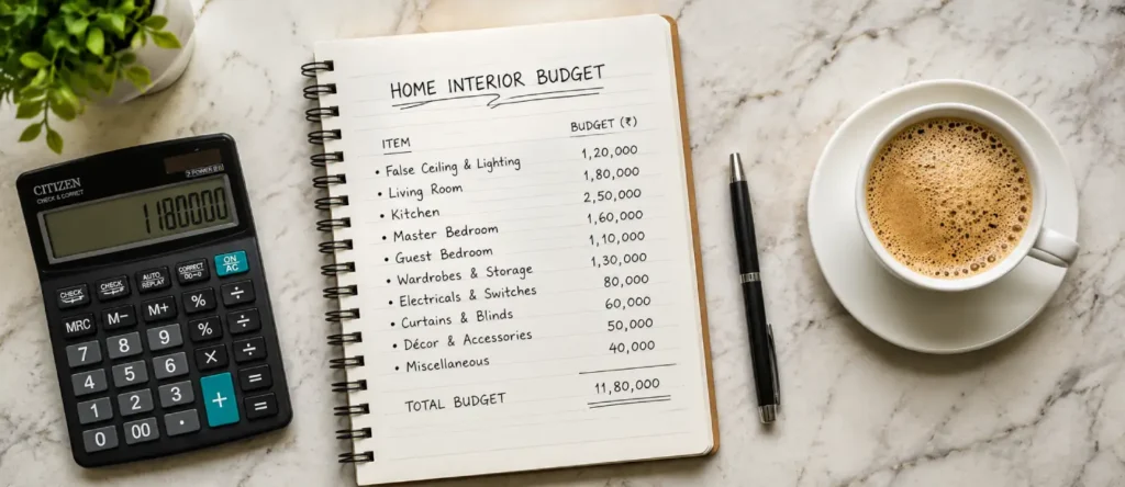 Home interior budget planning with calculator, notebook and filter coffee on marble table