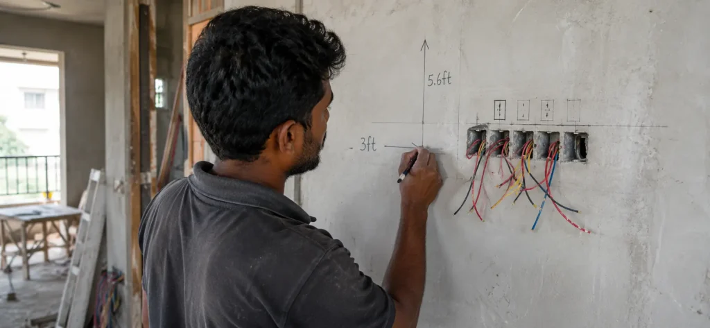 Home interior budget planning with electrician marking switchboard points in apartment