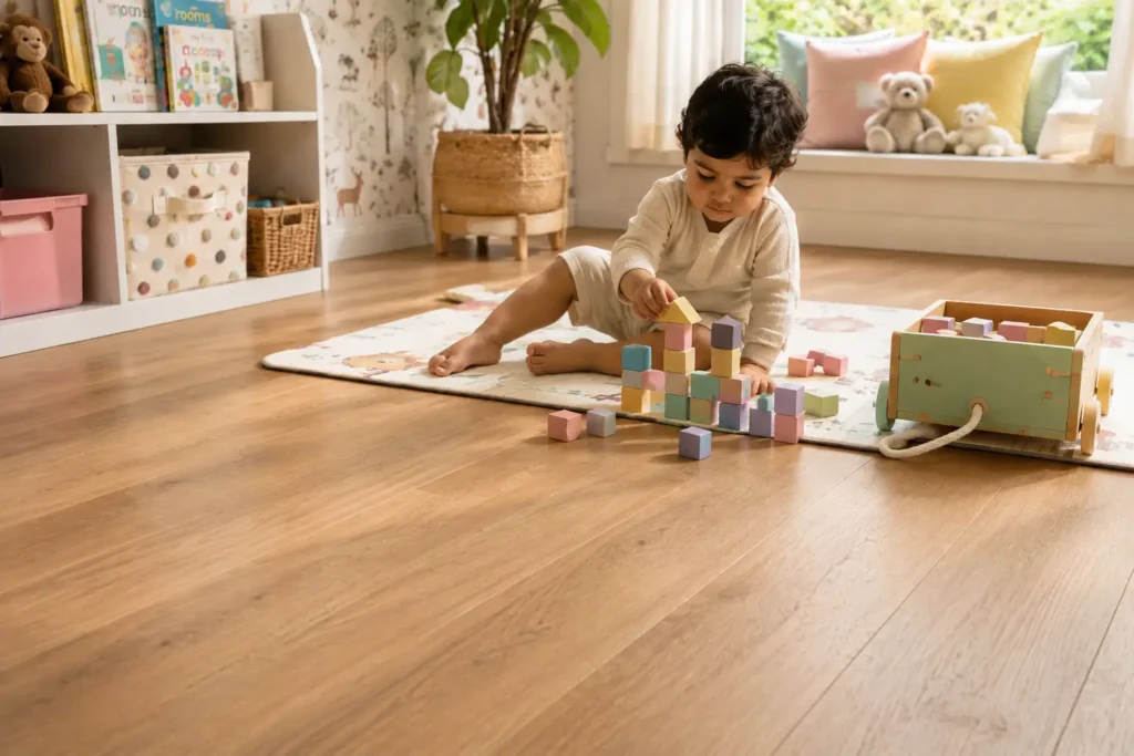 Best flooring for kids room with warm wooden flooring and safe play area